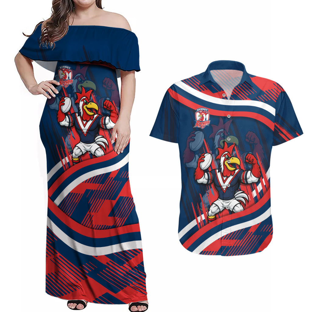 Roosters Rugby Mascot Couples Matching Off Shoulder Maxi Dress and Hawaiian Shirt Fierce Athlete Graphic in Sports Style
