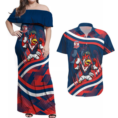 Roosters Rugby Mascot Couples Matching Off Shoulder Maxi Dress and Hawaiian Shirt Fierce Athlete Graphic in Sports Style
