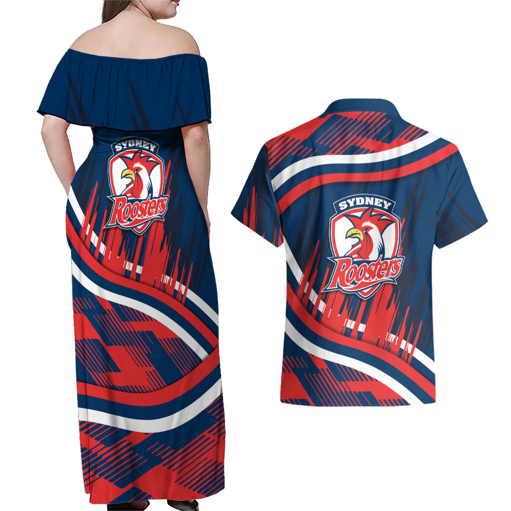 Roosters Rugby Mascot Couples Matching Off Shoulder Maxi Dress and Hawaiian Shirt Fierce Athlete Graphic in Sports Style