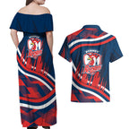 Roosters Rugby Mascot Couples Matching Off Shoulder Maxi Dress and Hawaiian Shirt Fierce Athlete Graphic in Sports Style