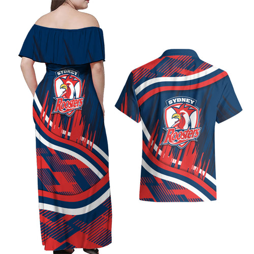 Roosters Rugby Mascot Couples Matching Off Shoulder Maxi Dress and Hawaiian Shirt Fierce Athlete Graphic in Sports Style