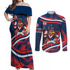 Roosters Rugby Mascot Couples Matching Off Shoulder Maxi Dress and Long Sleeve Button Shirt Fierce Athlete Graphic in Sports Style