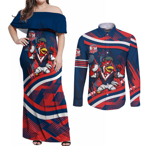 Roosters Rugby Mascot Couples Matching Off Shoulder Maxi Dress and Long Sleeve Button Shirt Fierce Athlete Graphic in Sports Style