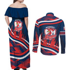 Roosters Rugby Mascot Couples Matching Off Shoulder Maxi Dress and Long Sleeve Button Shirt Fierce Athlete Graphic in Sports Style