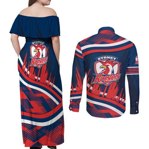 Roosters Rugby Mascot Couples Matching Off Shoulder Maxi Dress and Long Sleeve Button Shirt Fierce Athlete Graphic in Sports Style