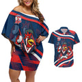 Roosters Rugby Mascot Couples Matching Off Shoulder Short Dress and Hawaiian Shirt Fierce Athlete Graphic in Sports Style