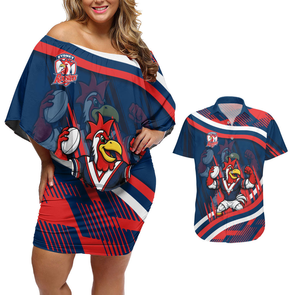 Roosters Rugby Mascot Couples Matching Off Shoulder Short Dress and Hawaiian Shirt Fierce Athlete Graphic in Sports Style