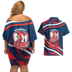 Roosters Rugby Mascot Couples Matching Off Shoulder Short Dress and Hawaiian Shirt Fierce Athlete Graphic in Sports Style