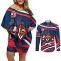 Roosters Rugby Mascot Couples Matching Off Shoulder Short Dress and Long Sleeve Button Shirt Fierce Athlete Graphic in Sports Style