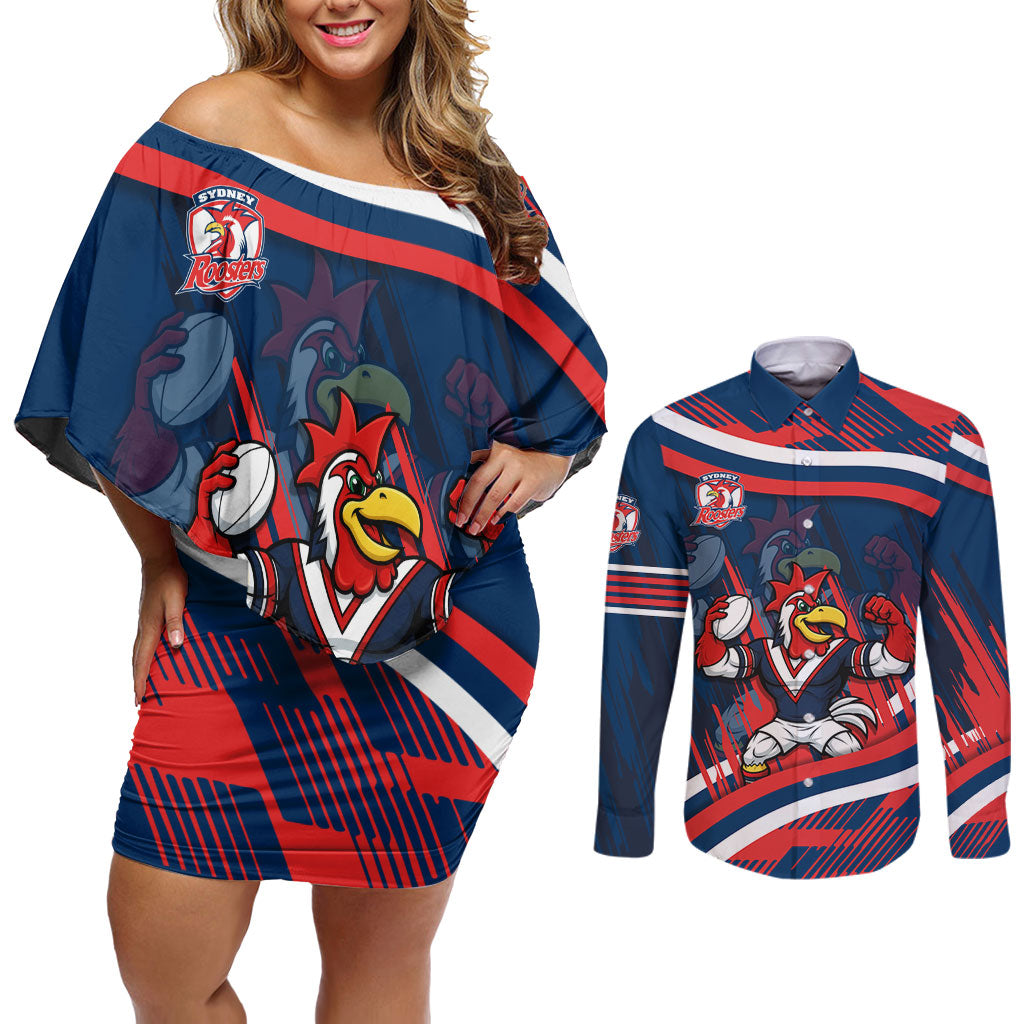 Roosters Rugby Mascot Couples Matching Off Shoulder Short Dress and Long Sleeve Button Shirt Fierce Athlete Graphic in Sports Style