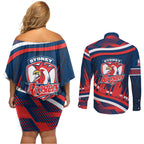 Roosters Rugby Mascot Couples Matching Off Shoulder Short Dress and Long Sleeve Button Shirt Fierce Athlete Graphic in Sports Style