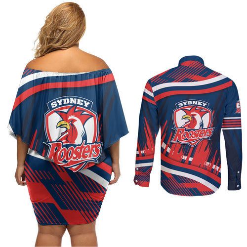 Roosters Rugby Mascot Couples Matching Off Shoulder Short Dress and Long Sleeve Button Shirt Fierce Athlete Graphic in Sports Style