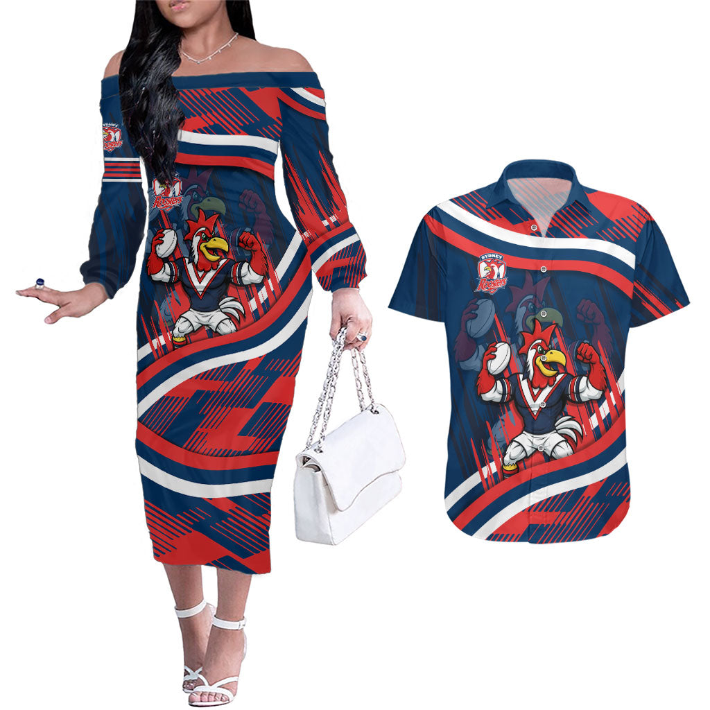 Roosters Rugby Mascot Couples Matching Off The Shoulder Long Sleeve Dress and Hawaiian Shirt Fierce Athlete Graphic in Sports Style