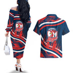Roosters Rugby Mascot Couples Matching Off The Shoulder Long Sleeve Dress and Hawaiian Shirt Fierce Athlete Graphic in Sports Style
