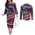 Roosters Rugby Mascot Couples Matching Off The Shoulder Long Sleeve Dress and Long Sleeve Button Shirt Fierce Athlete Graphic in Sports Style