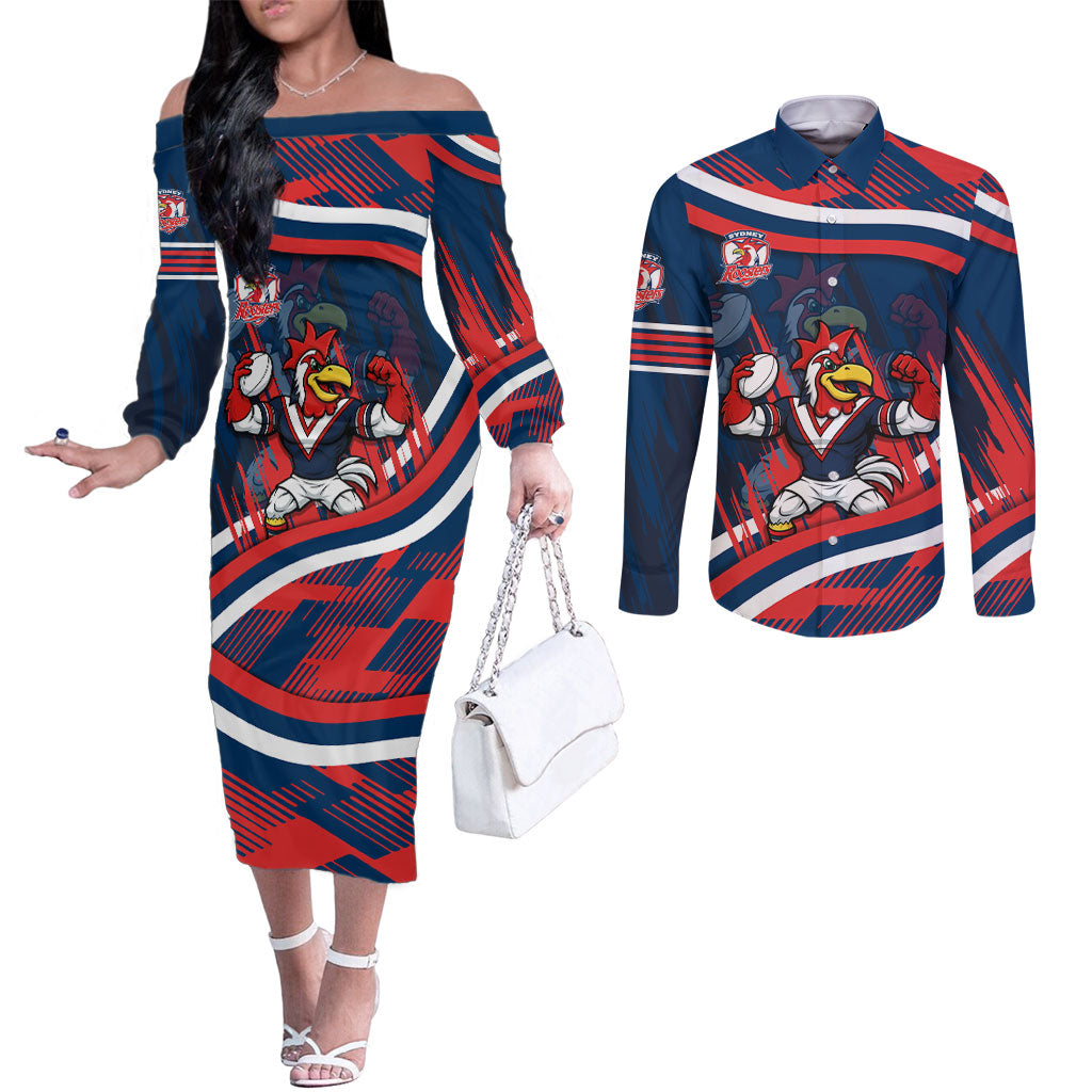 Roosters Rugby Mascot Couples Matching Off The Shoulder Long Sleeve Dress and Long Sleeve Button Shirt Fierce Athlete Graphic in Sports Style