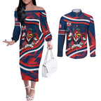 Roosters Rugby Mascot Couples Matching Off The Shoulder Long Sleeve Dress and Long Sleeve Button Shirt Fierce Athlete Graphic in Sports Style