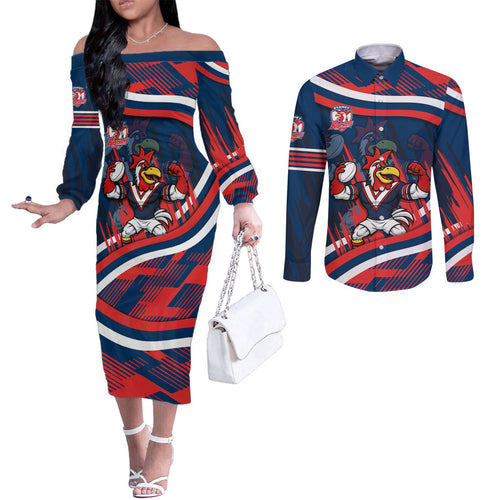 Roosters Rugby Mascot Couples Matching Off The Shoulder Long Sleeve Dress and Long Sleeve Button Shirt Fierce Athlete Graphic in Sports Style