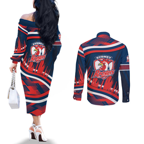 Roosters Rugby Mascot Couples Matching Off The Shoulder Long Sleeve Dress and Long Sleeve Button Shirt Fierce Athlete Graphic in Sports Style