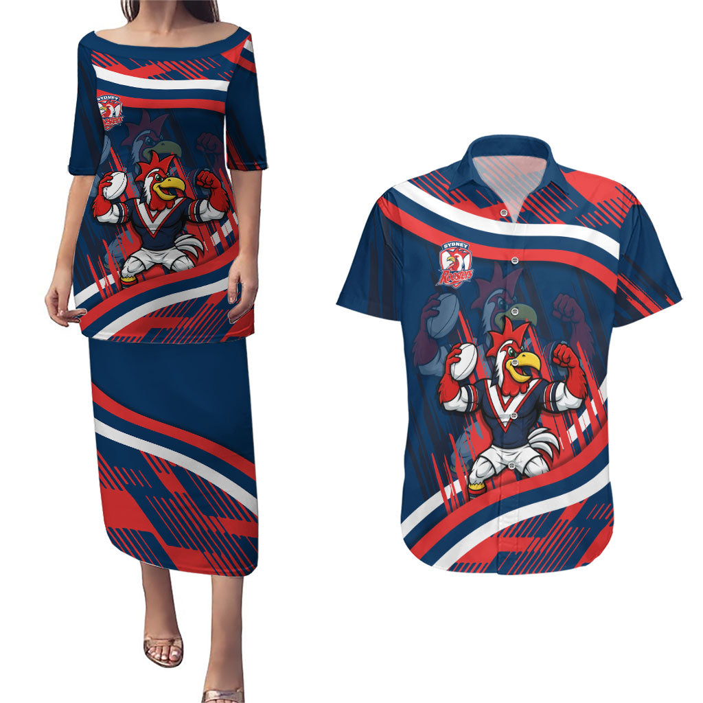 Roosters Rugby Mascot Couples Matching Puletasi and Hawaiian Shirt Fierce Athlete Graphic in Sports Style
