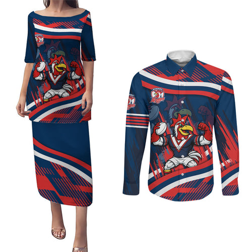 Roosters Rugby Mascot Couples Matching Puletasi and Long Sleeve Button Shirt Fierce Athlete Graphic in Sports Style