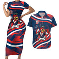 Roosters Rugby Mascot Couples Matching Short Sleeve Bodycon Dress and Hawaiian Shirt Fierce Athlete Graphic in Sports Style
