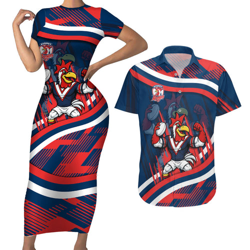 Roosters Rugby Mascot Couples Matching Short Sleeve Bodycon Dress and Hawaiian Shirt Fierce Athlete Graphic in Sports Style