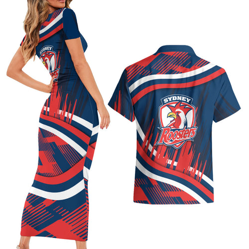 Roosters Rugby Mascot Couples Matching Short Sleeve Bodycon Dress and Hawaiian Shirt Fierce Athlete Graphic in Sports Style