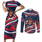 Roosters Rugby Mascot Couples Matching Short Sleeve Bodycon Dress and Long Sleeve Button Shirt Fierce Athlete Graphic in Sports Style
