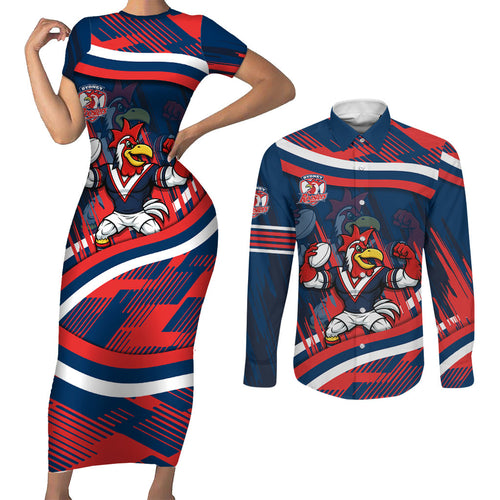 Roosters Rugby Mascot Couples Matching Short Sleeve Bodycon Dress and Long Sleeve Button Shirt Fierce Athlete Graphic in Sports Style