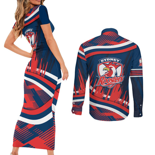 Roosters Rugby Mascot Couples Matching Short Sleeve Bodycon Dress and Long Sleeve Button Shirt Fierce Athlete Graphic in Sports Style