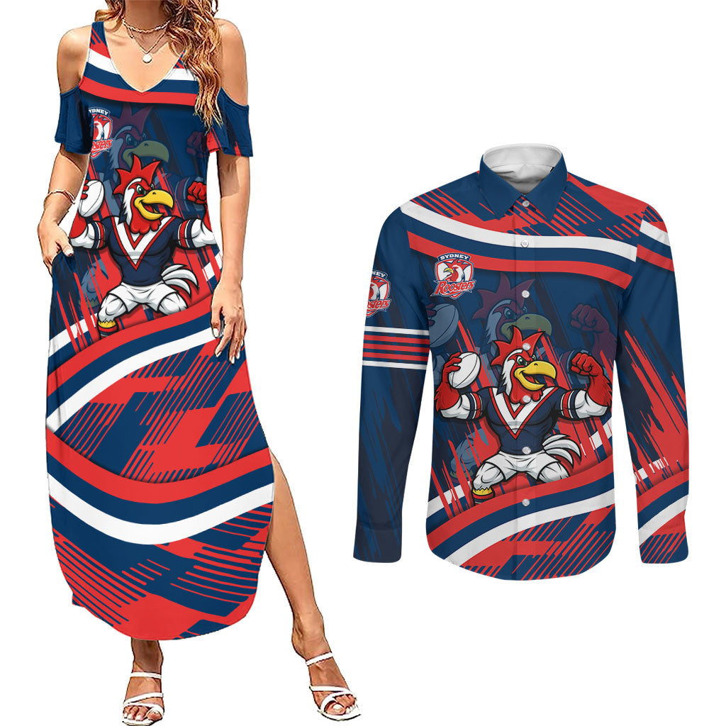 Roosters Rugby Mascot Couples Matching Summer Maxi Dress and Long Sleeve Button Shirt Fierce Athlete Graphic in Sports Style
