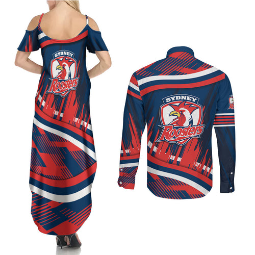 Roosters Rugby Mascot Couples Matching Summer Maxi Dress and Long Sleeve Button Shirt Fierce Athlete Graphic in Sports Style