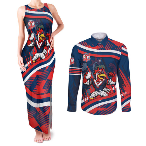 Roosters Rugby Mascot Couples Matching Tank Maxi Dress and Long Sleeve Button Shirt Fierce Athlete Graphic in Sports Style