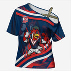 Roosters Rugby Mascot Cross Shoulder Shirt Fierce Athlete Graphic in Sports Style