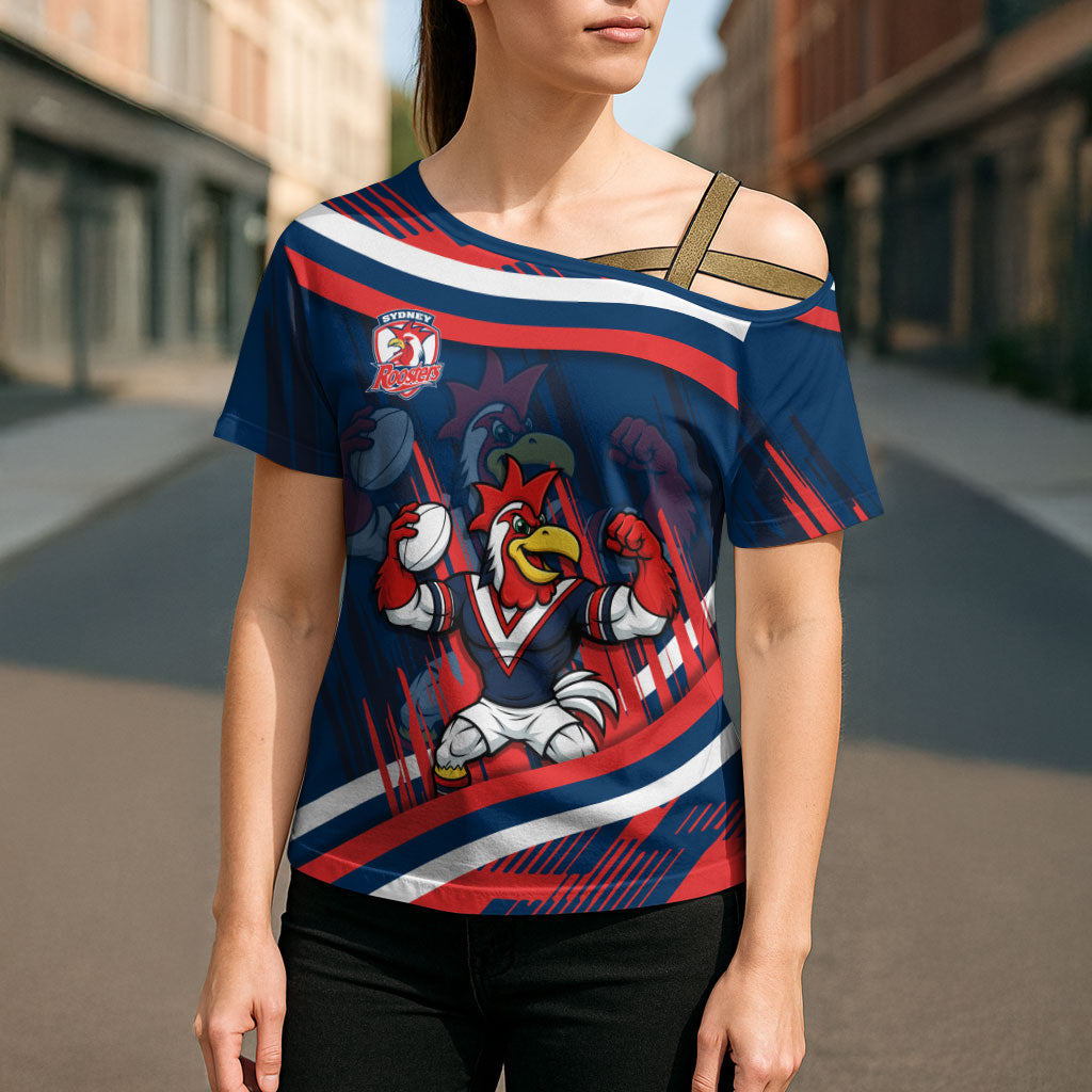 Roosters Rugby Mascot Cross Shoulder Shirt Fierce Athlete Graphic in Sports Style