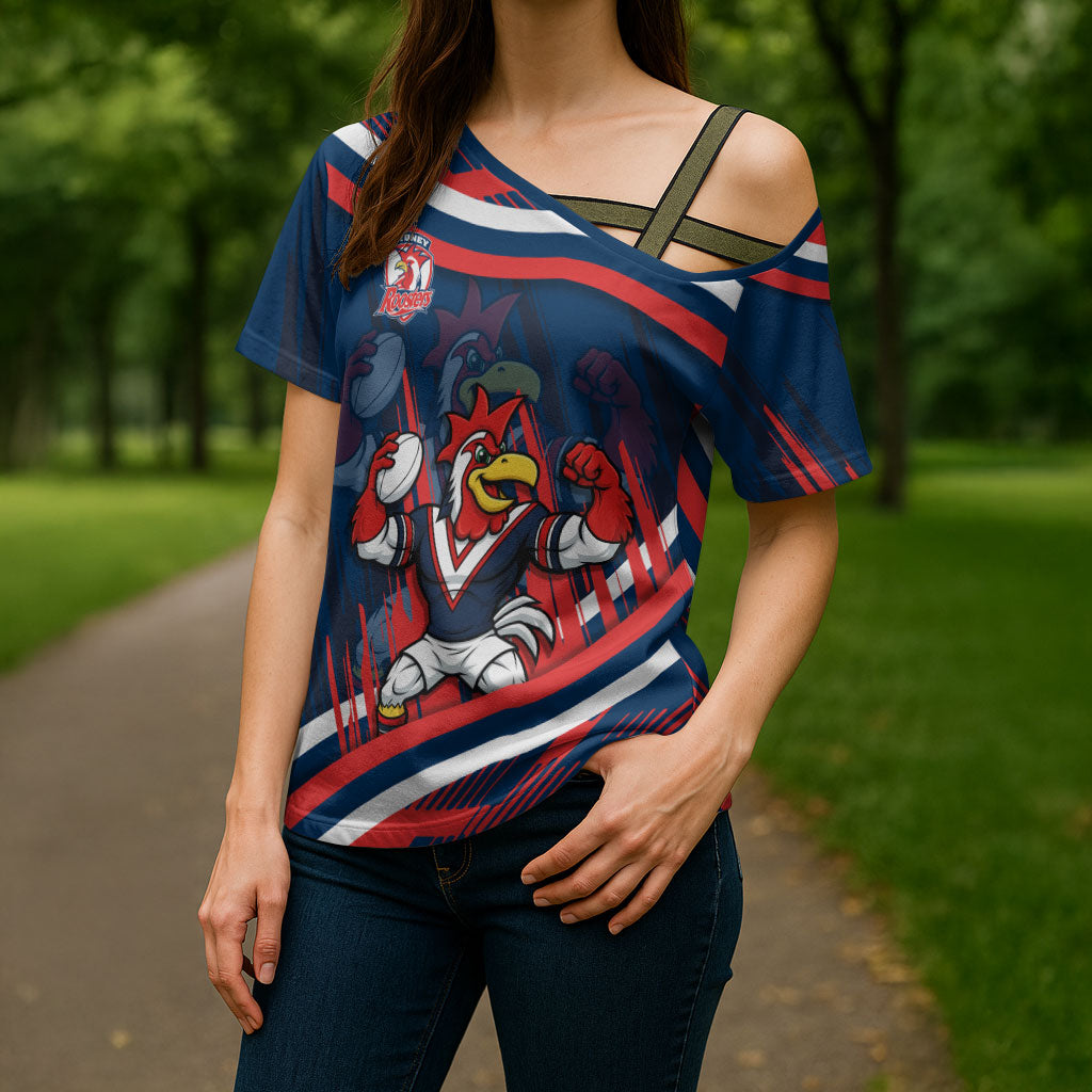 Roosters Rugby Mascot Cross Shoulder Shirt Fierce Athlete Graphic in Sports Style