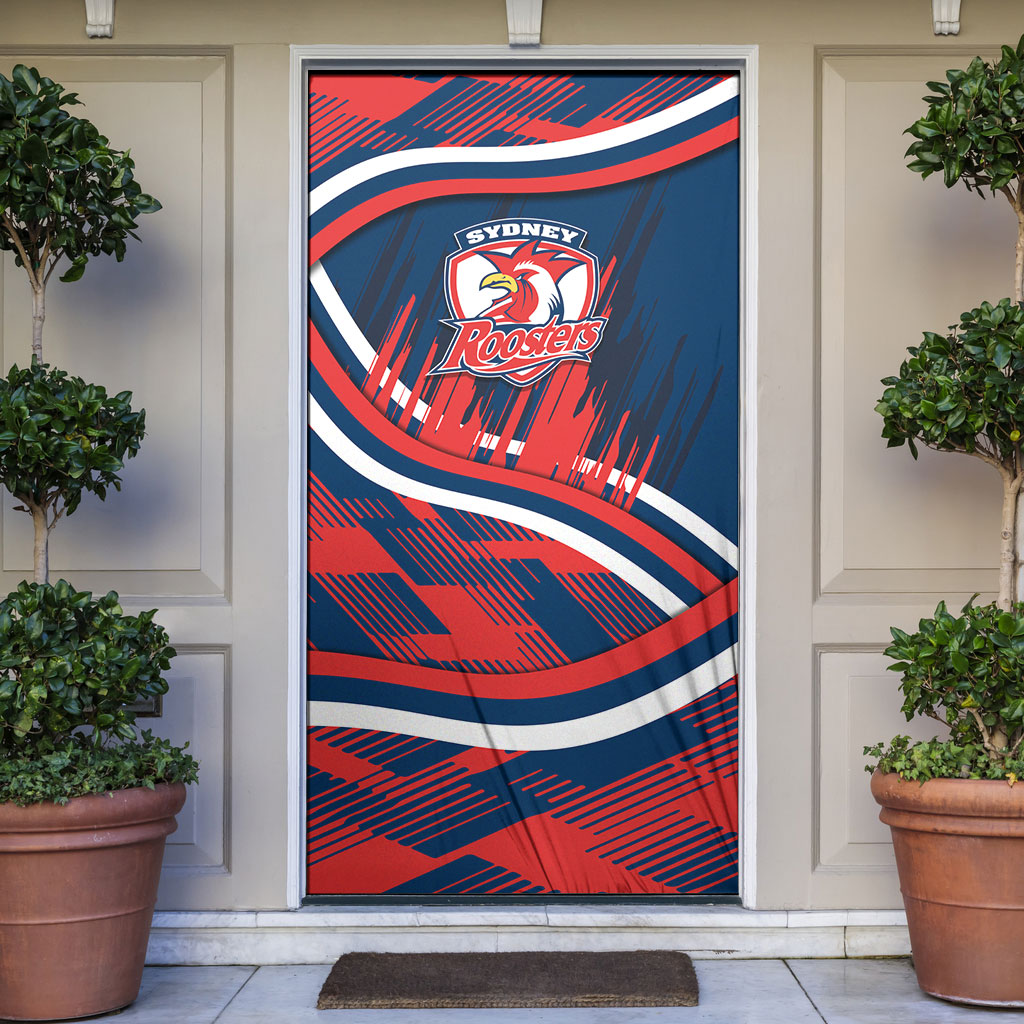 Roosters Rugby Mascot Door Cover Fierce Athlete Graphic in Sports Style