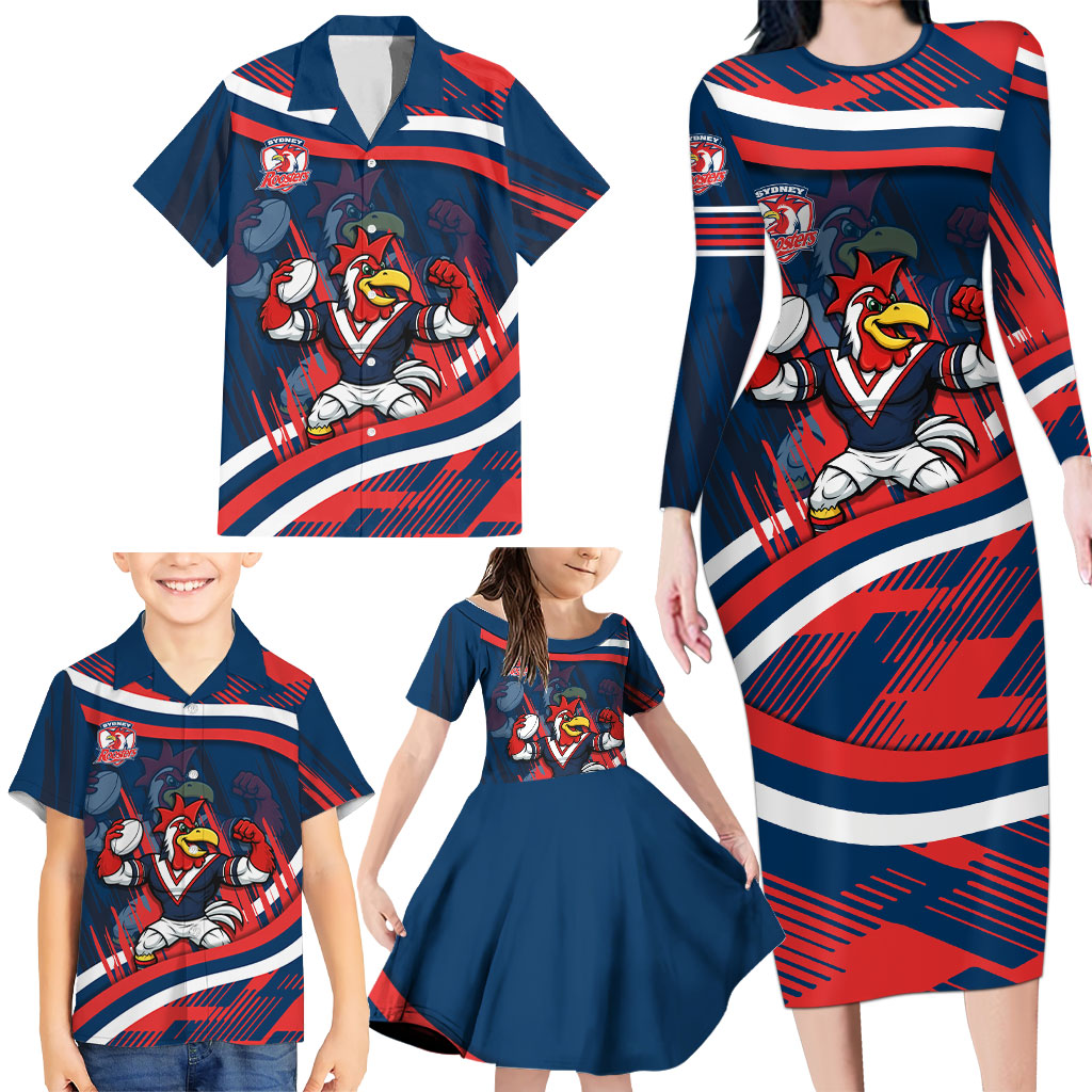 Roosters Rugby Mascot Family Matching Long Sleeve Bodycon Dress and Hawaiian Shirt Fierce Athlete Graphic in Sports Style