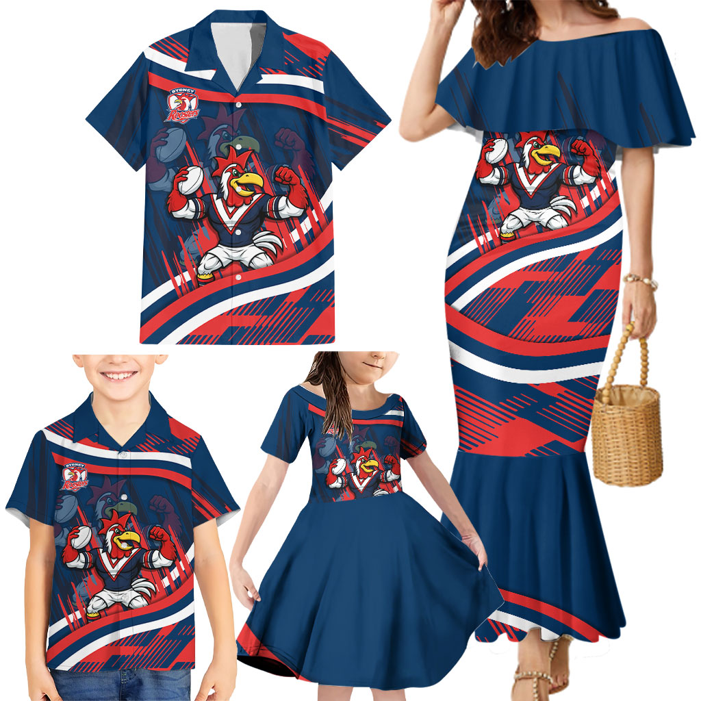 Roosters Rugby Mascot Family Matching Mermaid Dress and Hawaiian Shirt Fierce Athlete Graphic in Sports Style