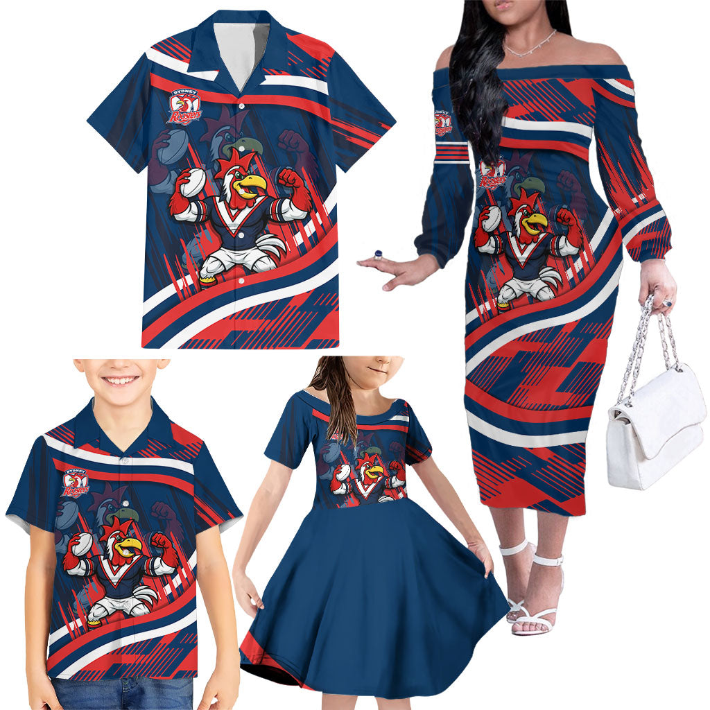 Roosters Rugby Mascot Family Matching Off The Shoulder Long Sleeve Dress and Hawaiian Shirt Fierce Athlete Graphic in Sports Style
