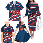 Roosters Rugby Mascot Family Matching Off The Shoulder Long Sleeve Dress and Hawaiian Shirt Fierce Athlete Graphic in Sports Style
