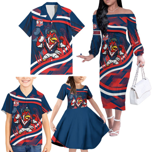 Roosters Rugby Mascot Family Matching Off The Shoulder Long Sleeve Dress and Hawaiian Shirt Fierce Athlete Graphic in Sports Style