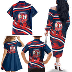 Roosters Rugby Mascot Family Matching Off The Shoulder Long Sleeve Dress and Hawaiian Shirt Fierce Athlete Graphic in Sports Style