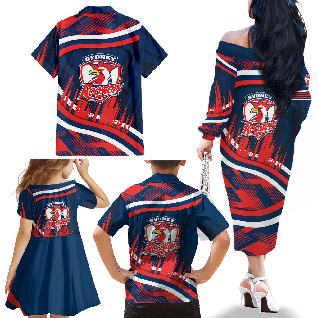 Roosters Rugby Mascot Family Matching Off The Shoulder Long Sleeve Dress and Hawaiian Shirt Fierce Athlete Graphic in Sports Style