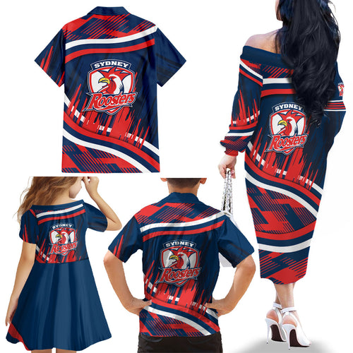 Roosters Rugby Mascot Family Matching Off The Shoulder Long Sleeve Dress and Hawaiian Shirt Fierce Athlete Graphic in Sports Style