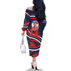 Roosters Rugby Mascot Family Matching Off The Shoulder Long Sleeve Dress and Hawaiian Shirt Fierce Athlete Graphic in Sports Style