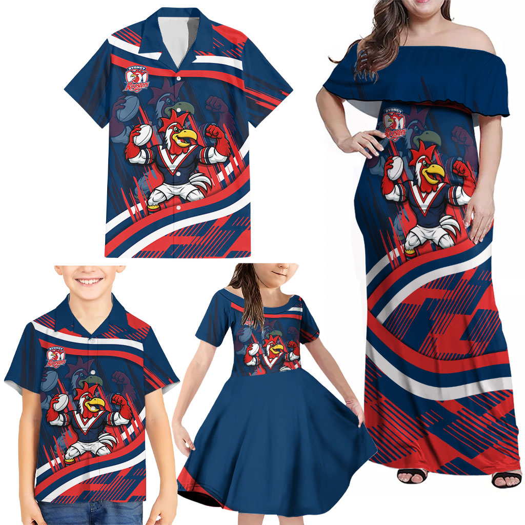 Roosters Rugby Mascot Family Matching Off Shoulder Maxi Dress and Hawaiian Shirt Fierce Athlete Graphic in Sports Style
