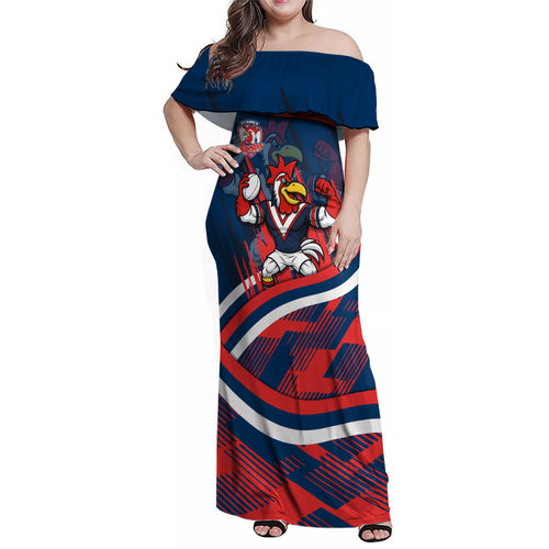 Roosters Rugby Mascot Family Matching Off Shoulder Maxi Dress and Hawaiian Shirt Fierce Athlete Graphic in Sports Style