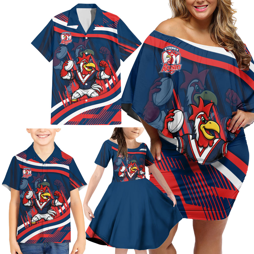 Roosters Rugby Mascot Family Matching Off Shoulder Short Dress and Hawaiian Shirt Fierce Athlete Graphic in Sports Style